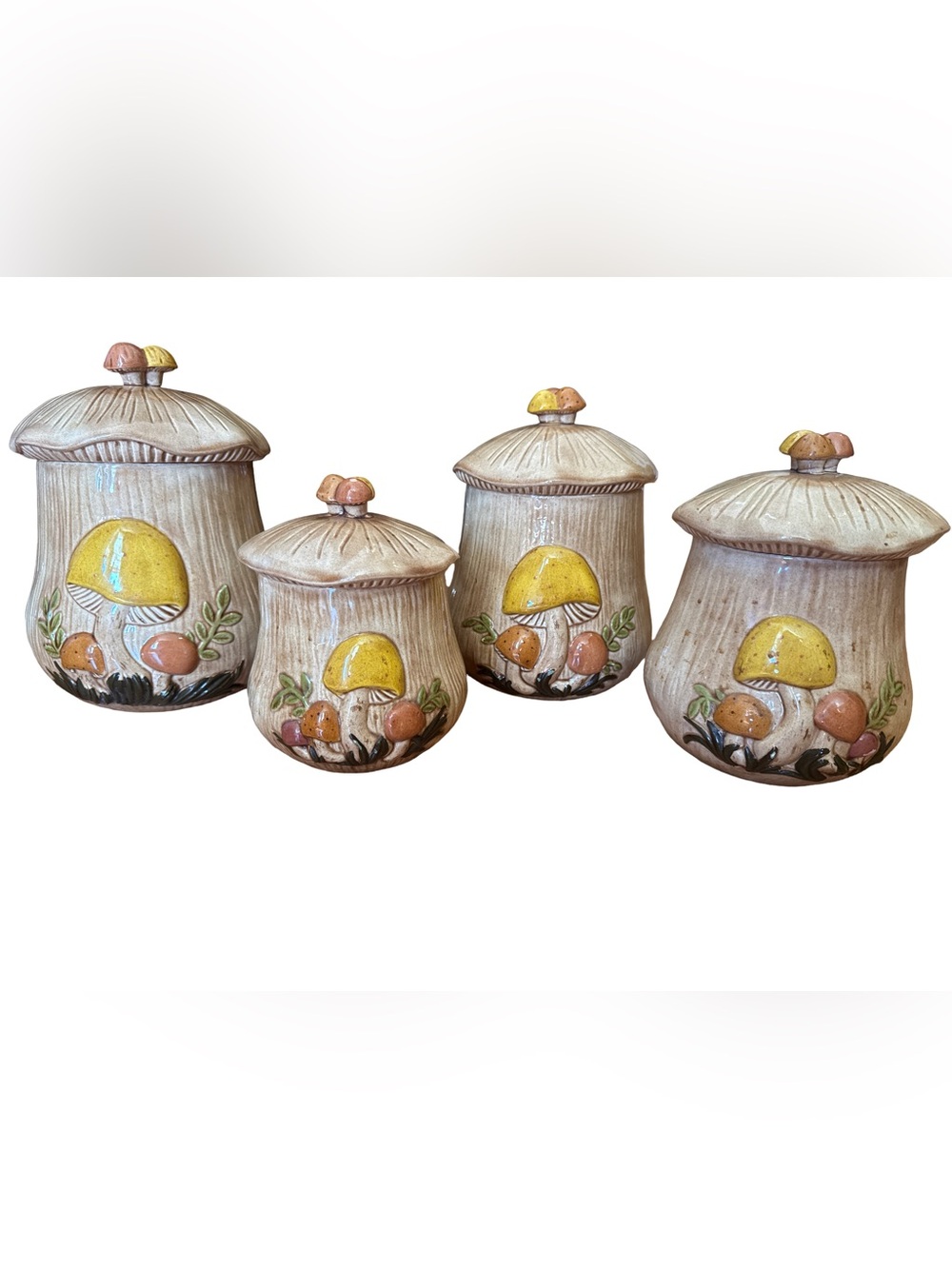 Sears and Roebuck Vintage 1970’s Mushroom Ceramic Canister Set of 4 Retro Shroom